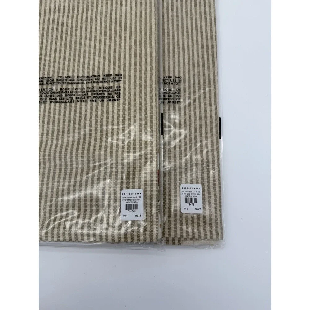 Pottery barn stripe embroidered floral kitchen towel Cotton Beige Flowers Set 2